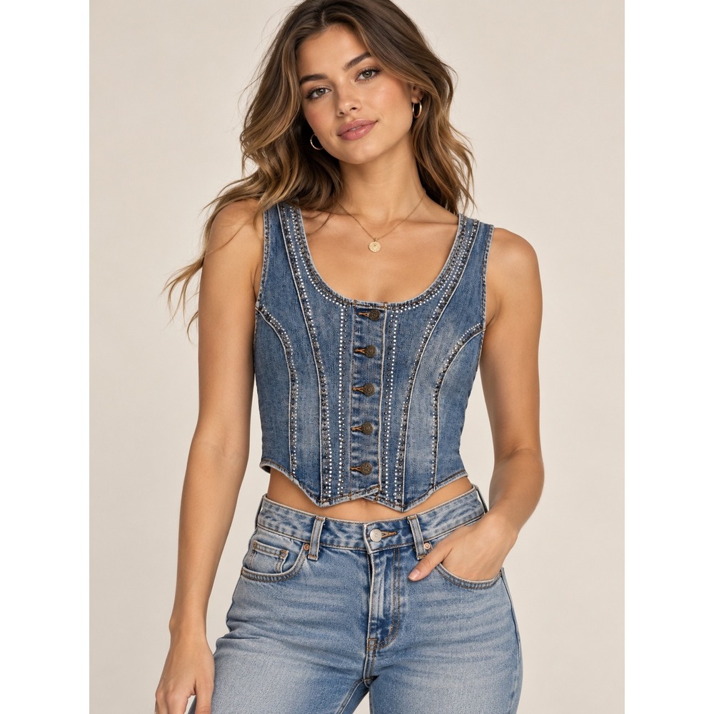 Idyllwind Fuel My Fire Rhinestone Denim Bustier Top Medium Wash Vest S